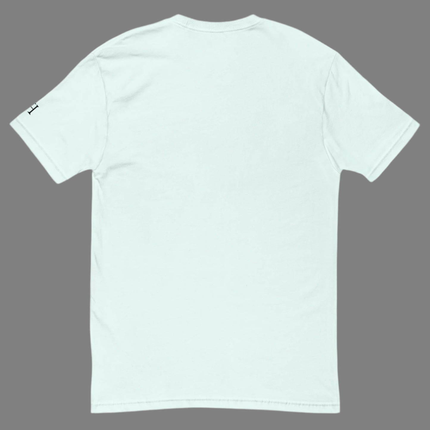 Back of light blue T-shirt, blank with no graphics or text.