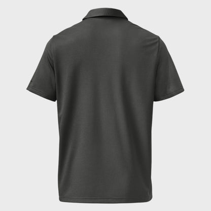 Back of Fearless Harbor adidas Space Dyed Polo in Black Melange, blank with no graphics or text.