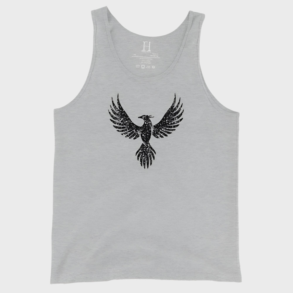 Front of Fearless Harbor Distressed Tank in Athletic Heather Grey with a distressed phoenix design.