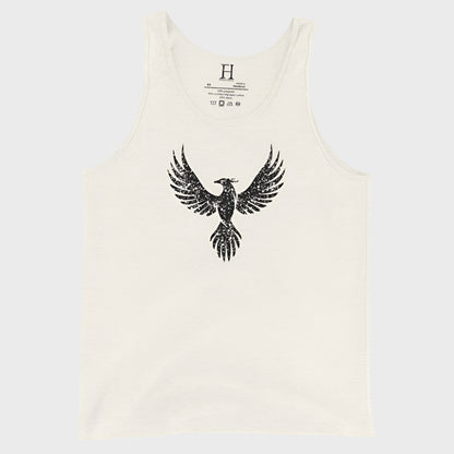 Front of Fearless Harbor Distressed Tank in Oatmeal with a distressed phoenix design.