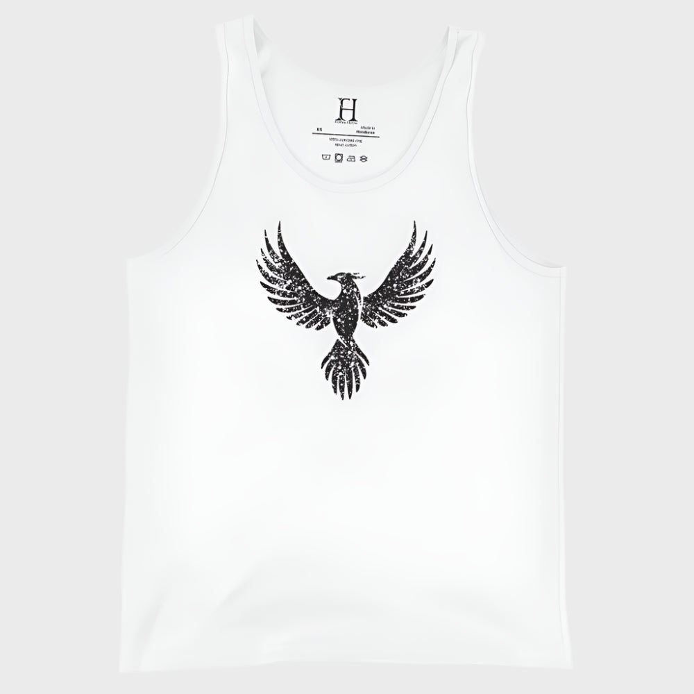 Front of Fearless Harbor Distressed Tank in White with a distressed phoenix design.