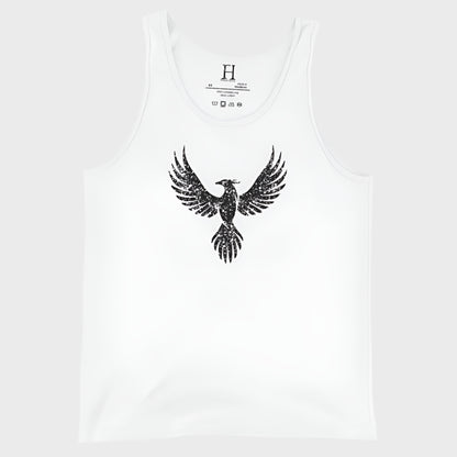 Front of Fearless Harbor Distressed Tank in White with a distressed phoenix design.