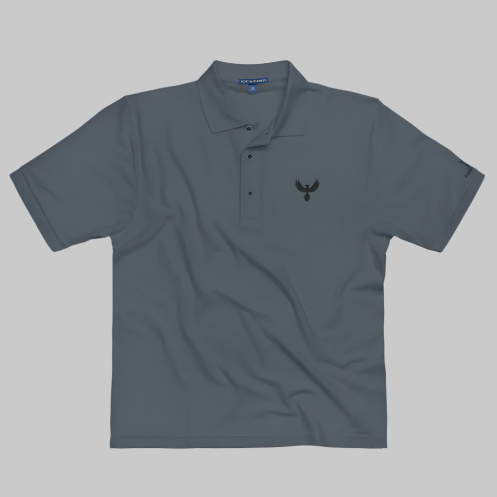 Front of Fearless Harbor Port Authority Premium Polo shirt in Steel Grey, Phoenix logo on upper left chest.