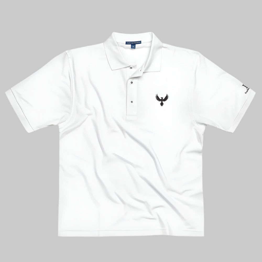 Front of Fearless Harbor Port Authority Premium Polo shirt in White, Phoenix logo on upper left chest.