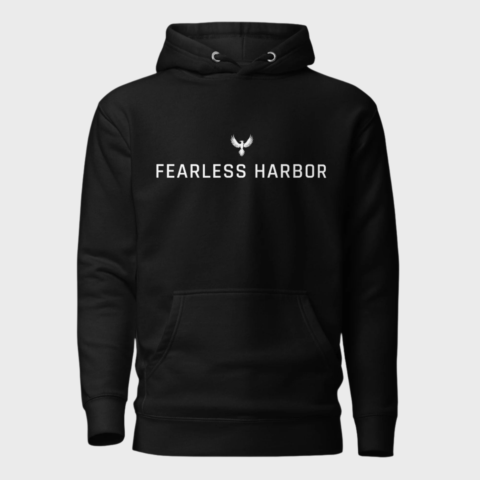 Front of Premium Hoodie in Black, with a small phoenix logo above the words Fearless Harbor in white.