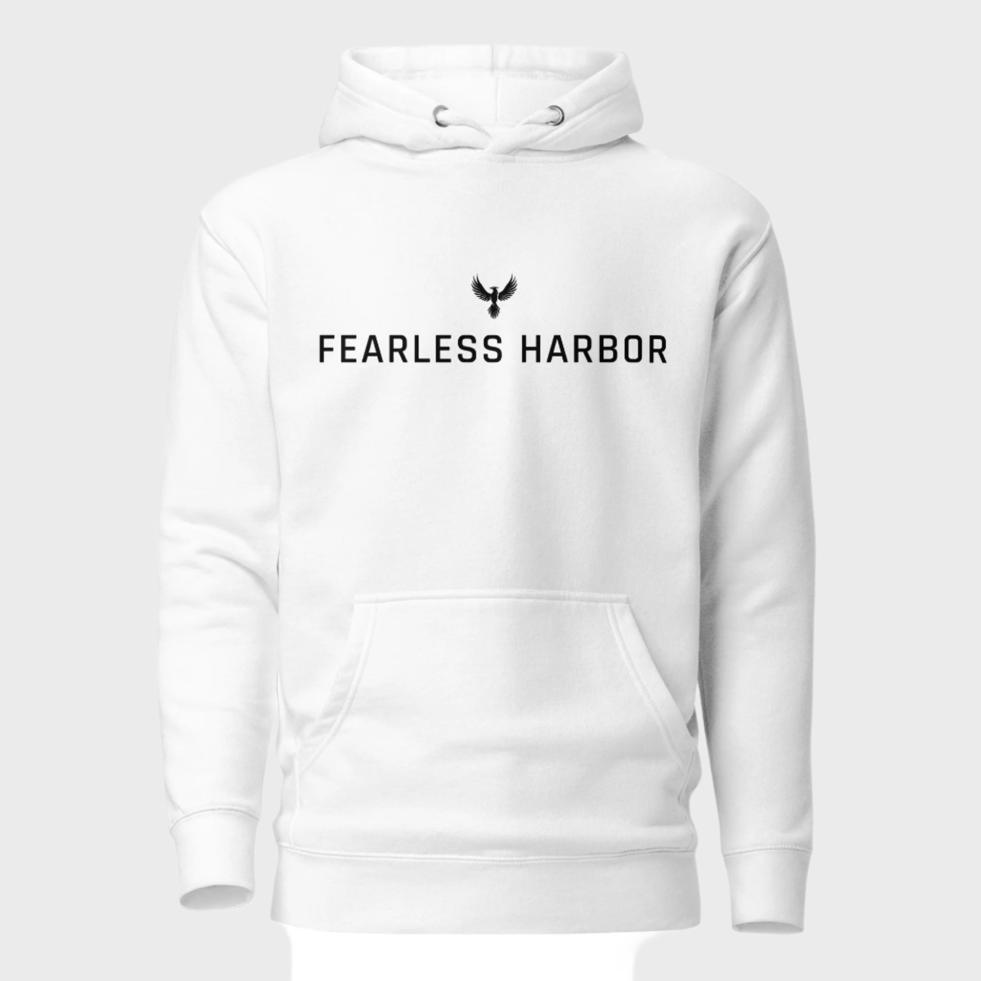 Front of Premium Hoodie in White, with a small phoenix logo above the words Fearless Harbor in Black.