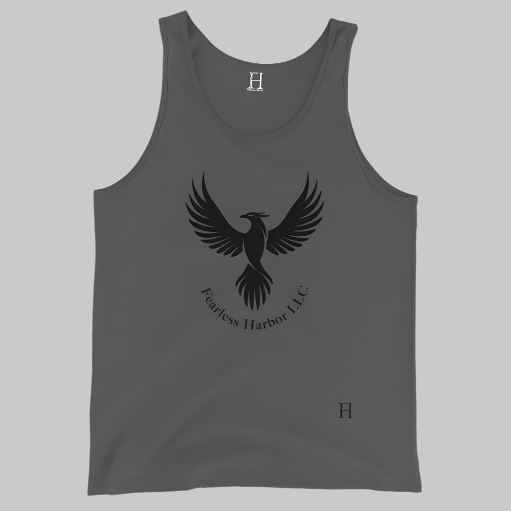 Front of Men's Tank in Asphalt, with a phoenix design and the words Fearless Harbor LLC. In Black.