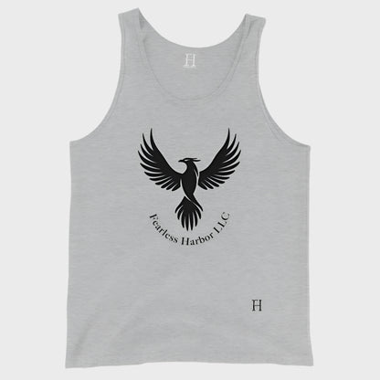 Front of Men's Tank in Athletic Grey, with a phoenix design and the words Fearless Harbor LLC. In black.