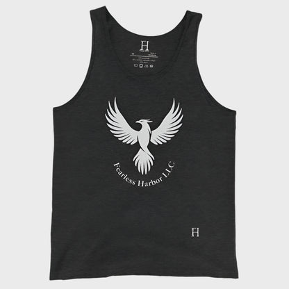 Front of Men's Tank in Black Triblend with a phoenix design and the words Fearless Harbor LLC. in white.