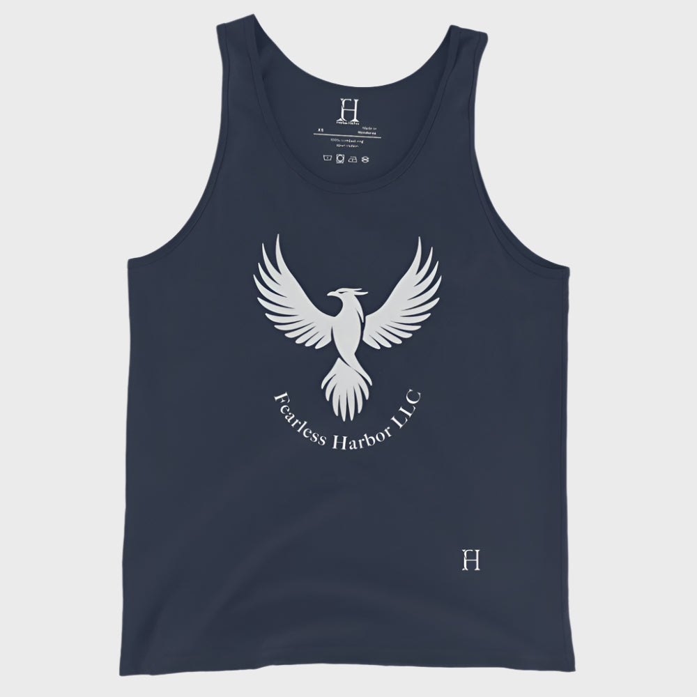 Front of Men's Tank in Navy, with a phoenix design and the words Fearless Harbor LLC. In white.