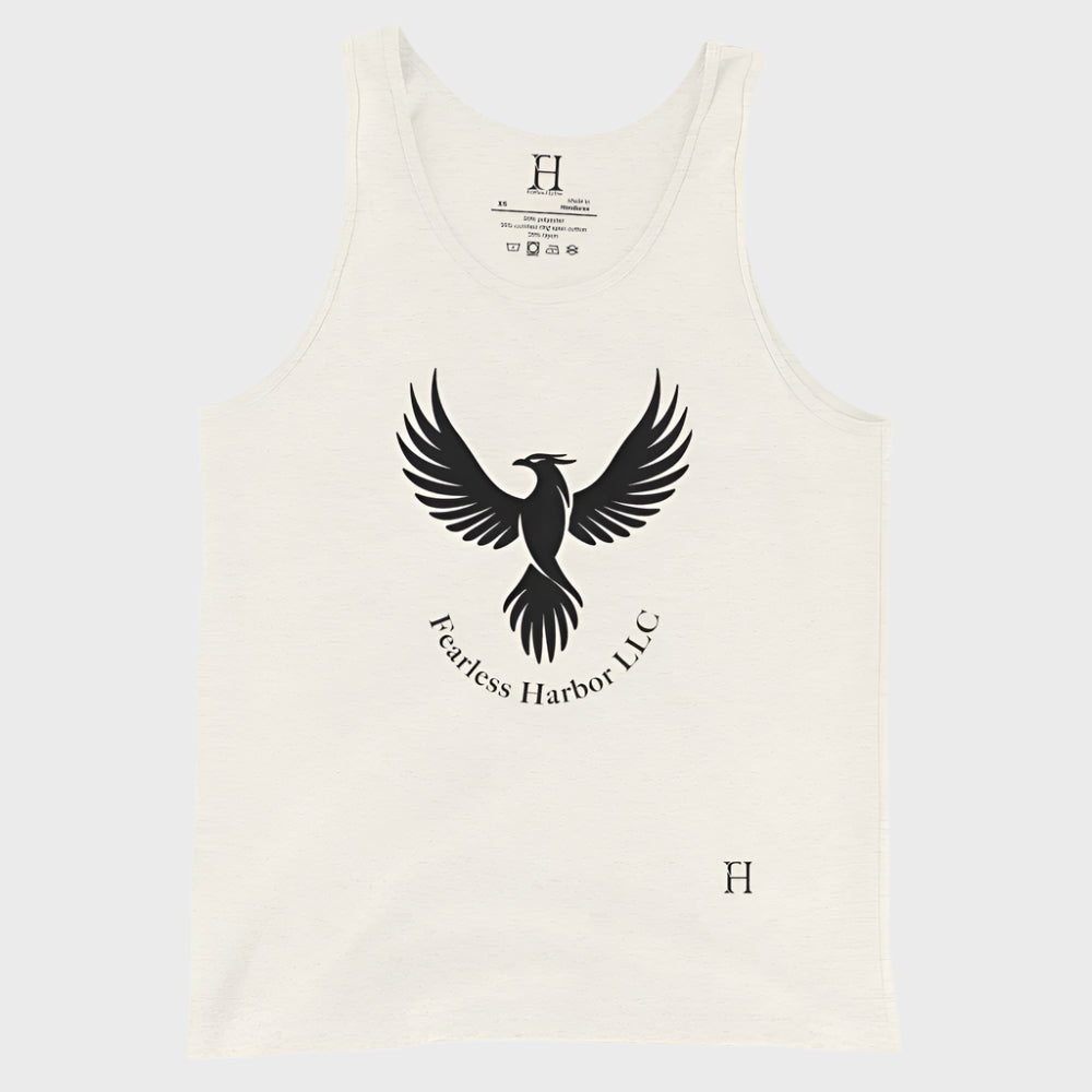 Front of Men's Tank in Oatmeal Triblend, with a phoenix design and the words Fearless Harbor LLC. In black.