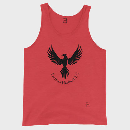 Front of Men's Tank in Red Triblend, with a phoenix design and the words Fearless Harbor LLC. In black.