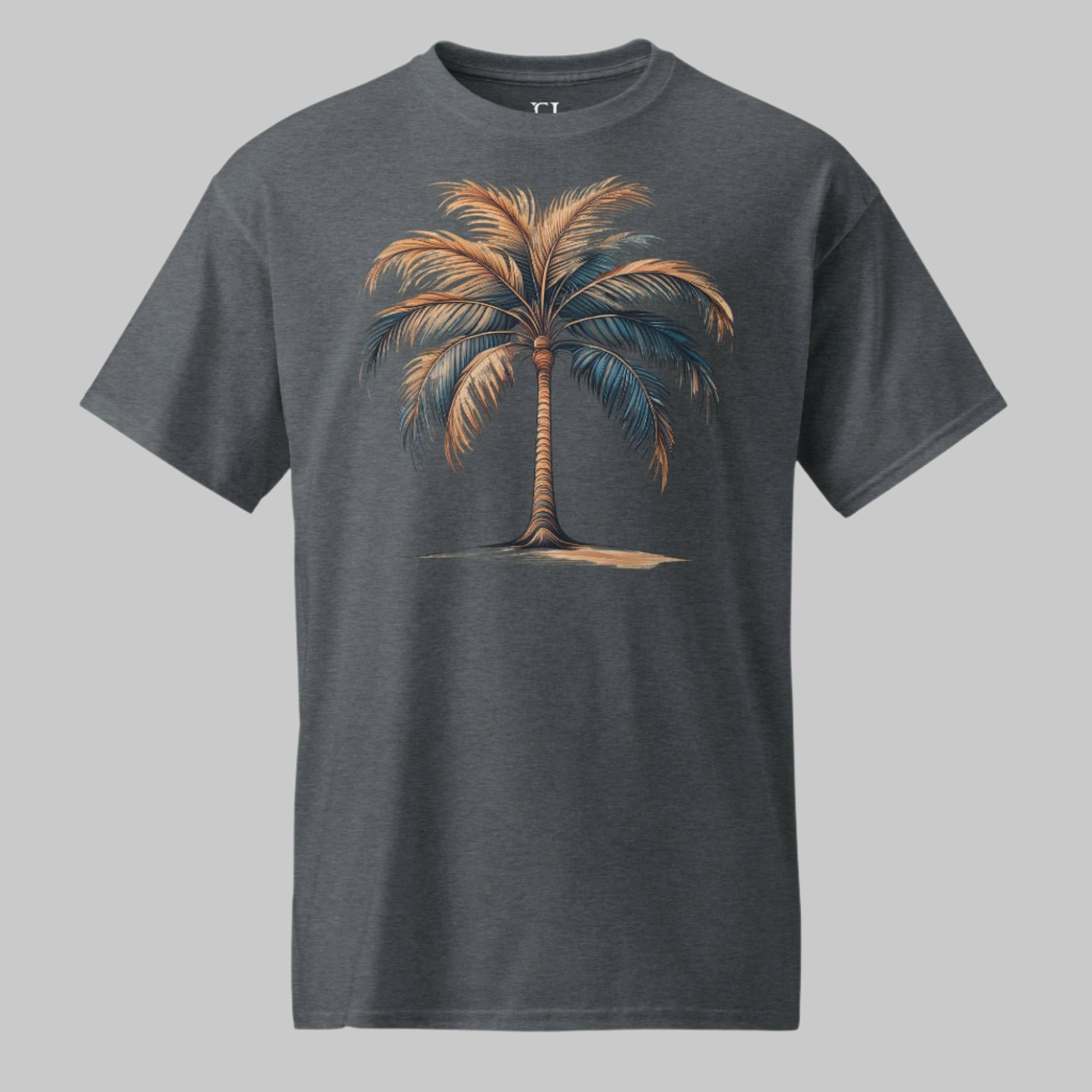 Front of Moisture-Wicking Palm Tree T-Shirt in Dark Grey with a single Palm Tree Design.