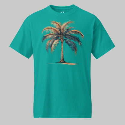 Front of Moisture-Wicking Palm Tree T-Shirt in Jade Dome with a single Palm Tree Design.