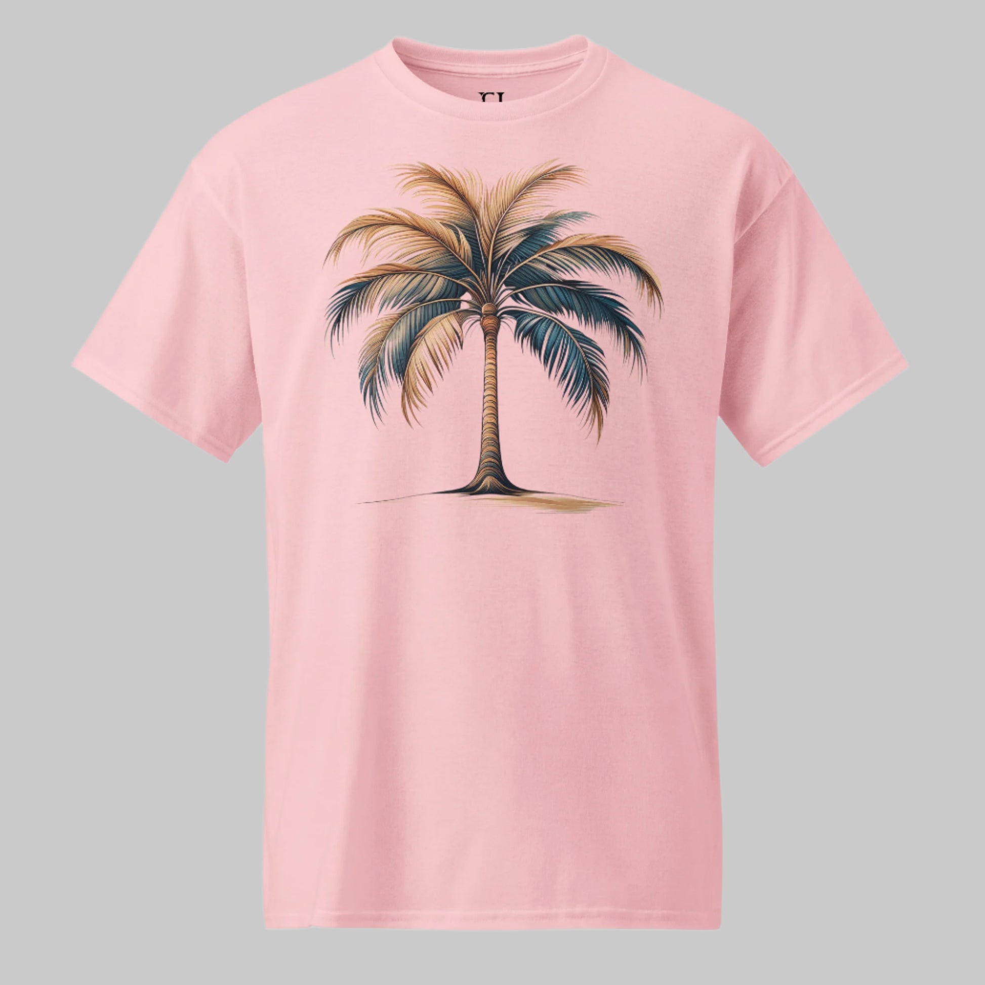 Front of Moisture-Wicking Palm Tree T-Shirt in Pinnk with a single Palm Tree Design.