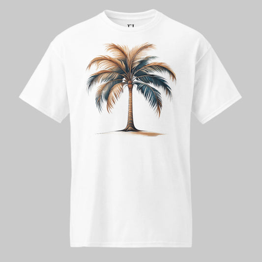 Front of Moisture-Wicking Palm Tree T-Shirt in White with a single Palm Tree Design.