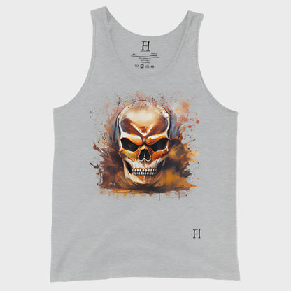 Front of Fearless Tank in Athletic Grey with skull design.