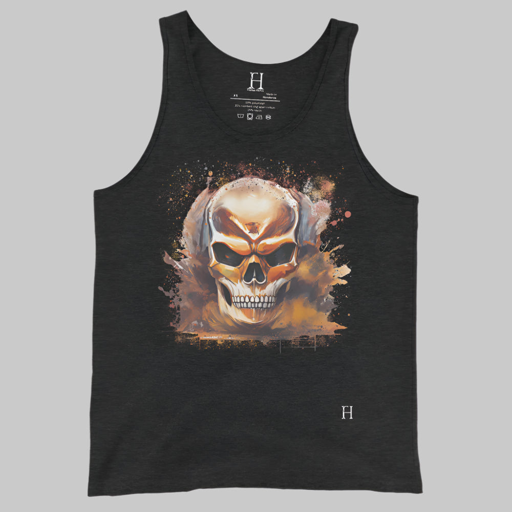 Front of Fearless Tank in Charcoal Black with skull design.