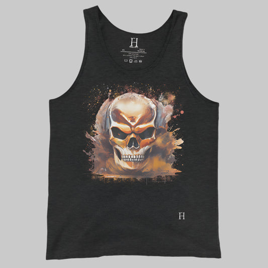 Front of Fearless Tank in Charcoal Black with skull design.