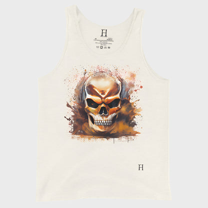 Front of Fearless Tank in Oatmeal Triblend with skull design.