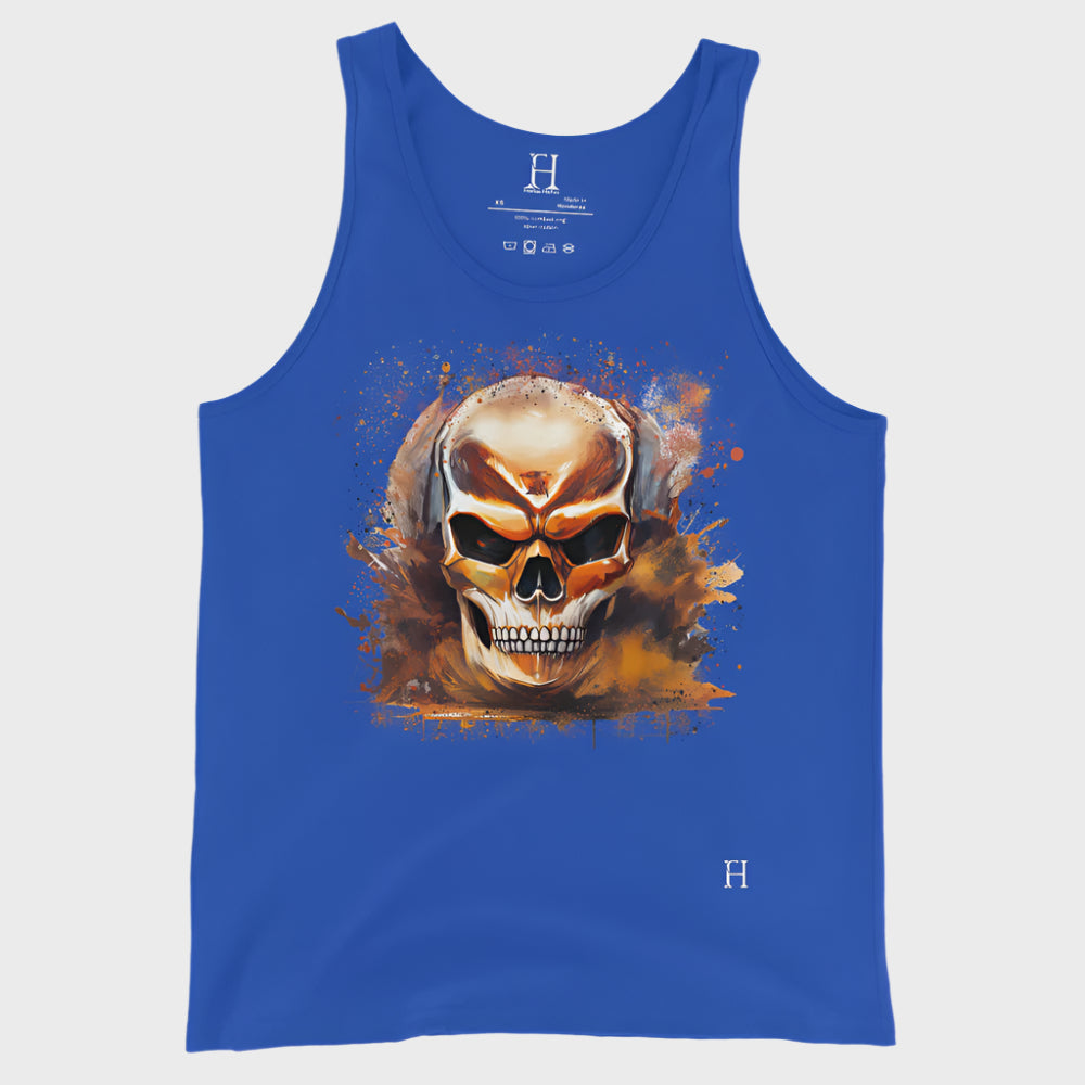 Front of Fearless Tank in True Royal with skull design.