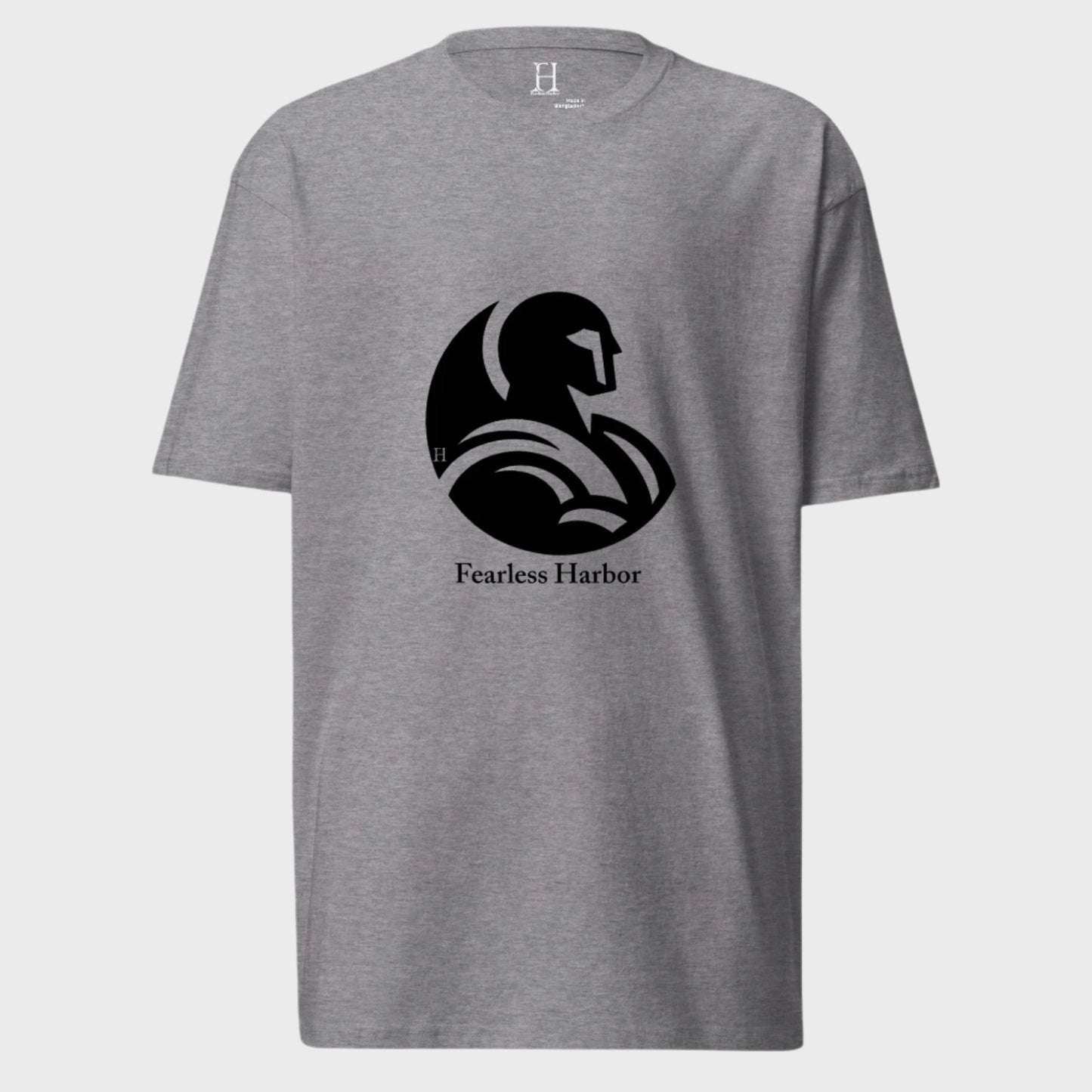 Front of Fearless Warrior Premium Heavyweight T-shirt in Carbon Grey, with a bold warrior design in black.