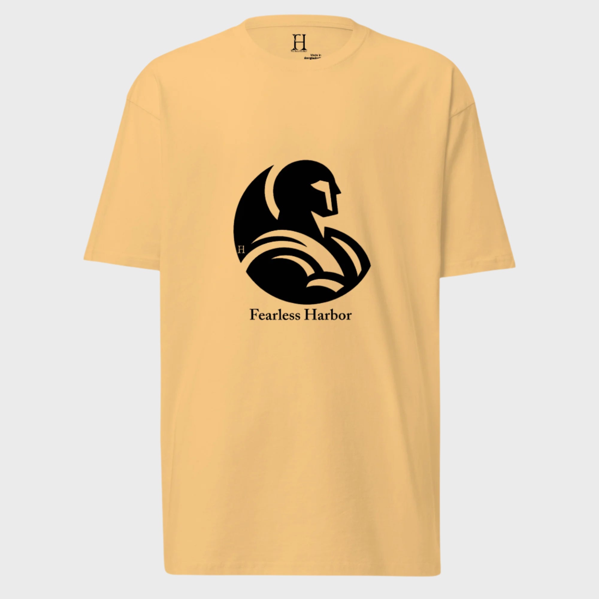 Front of Fearless Warrior Premium Heavyweight T-shirt in Vintage Gold, with a bold warrior design in black.