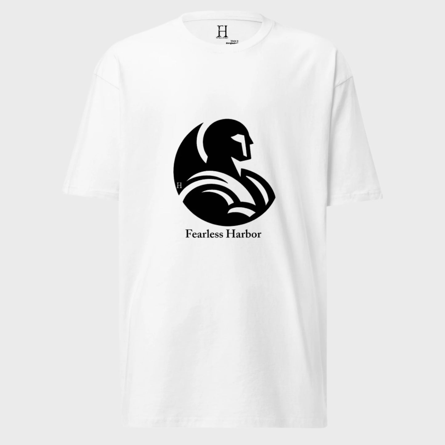 Front of Fearless Warrior Premium Heavyweight T-shirt in White, with a bold warrior design in black.