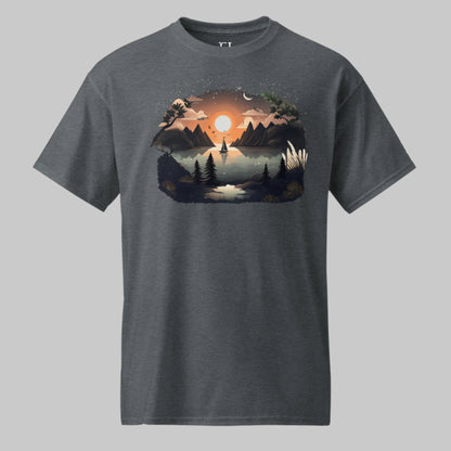 Front of Flourishing Sunset T-Shirt in Dark with a sailboat in a beautiful harbor, surrounded by trees and mountains design.