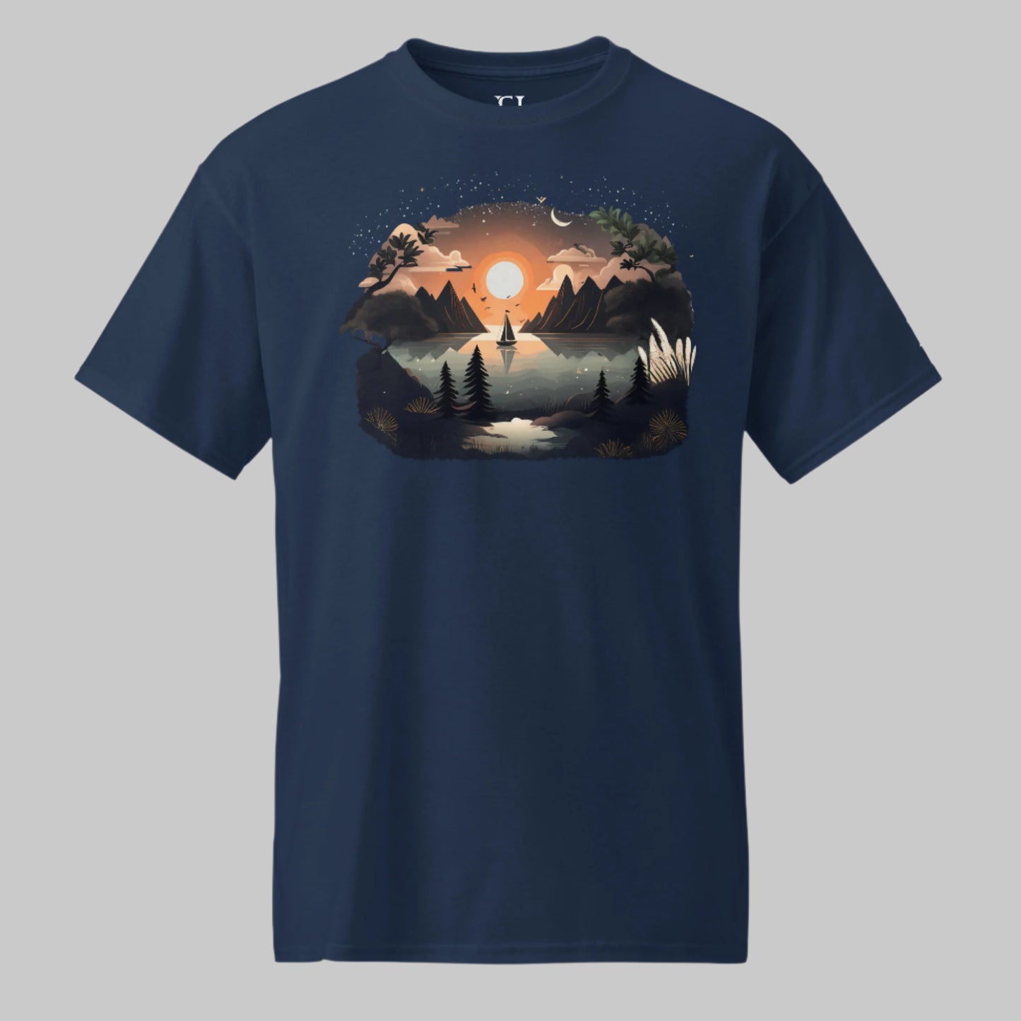 Front of Flourishing Sunset T-Shirt in Navy with a sailboat in a beautiful harbor, surrounded by trees and mountains design.