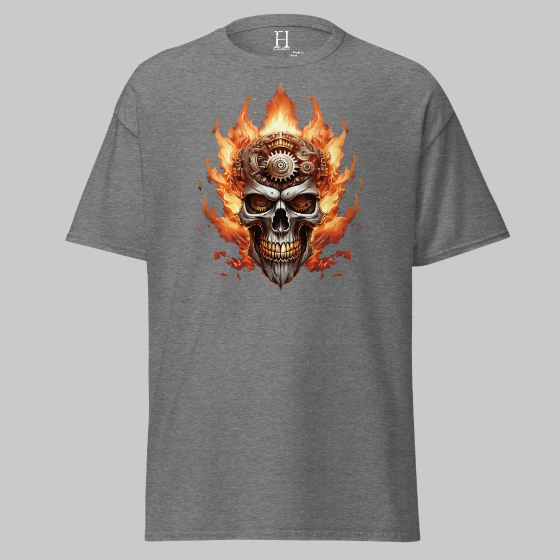 Front of Skull Flame Graphic Tee in Graphite with Skull mixed with gear fragments, engulfed in Flames Design.