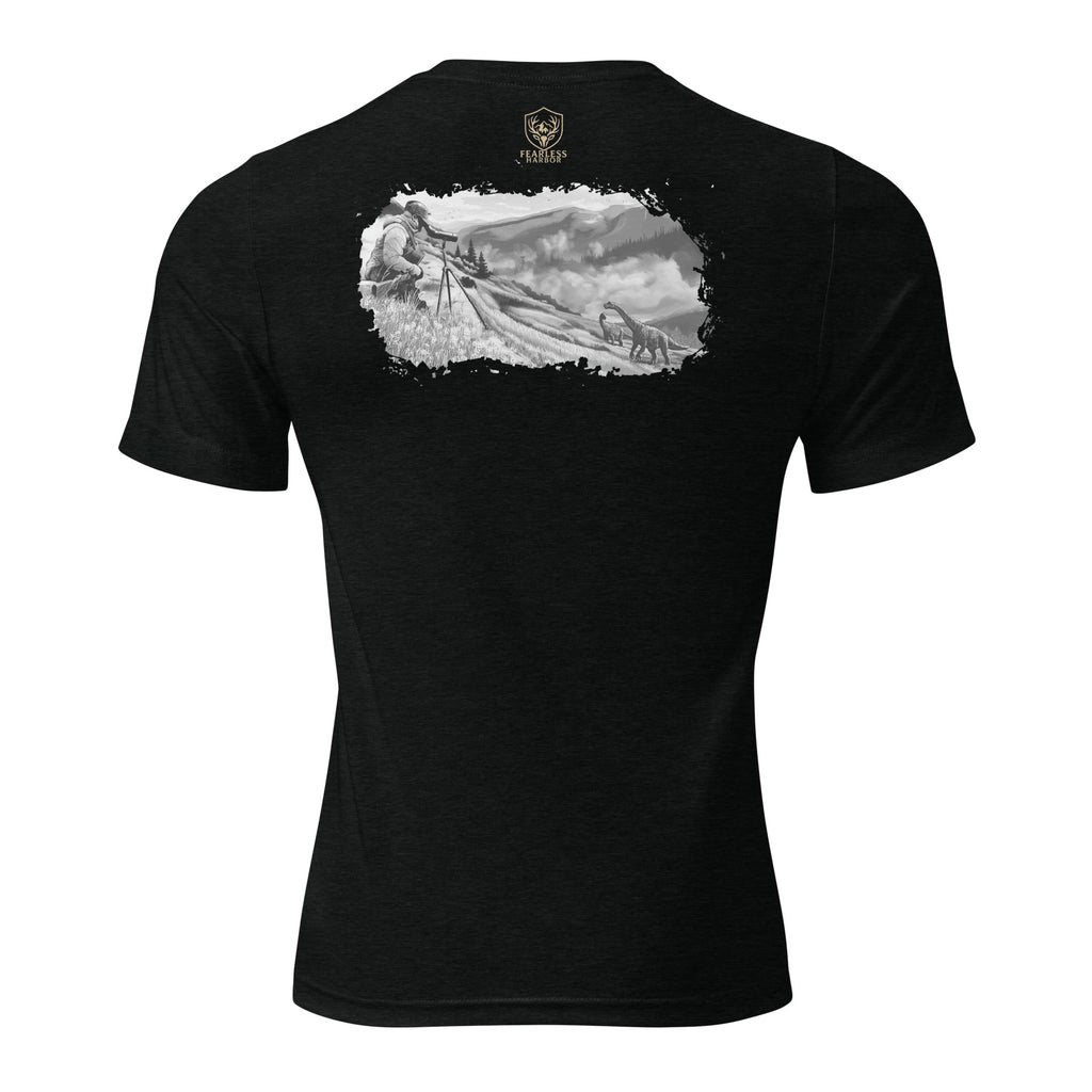 Back of Hunting T-Shirt for Big Game Hunters in Black with image of a Hunter Glassing Dinosaurs.