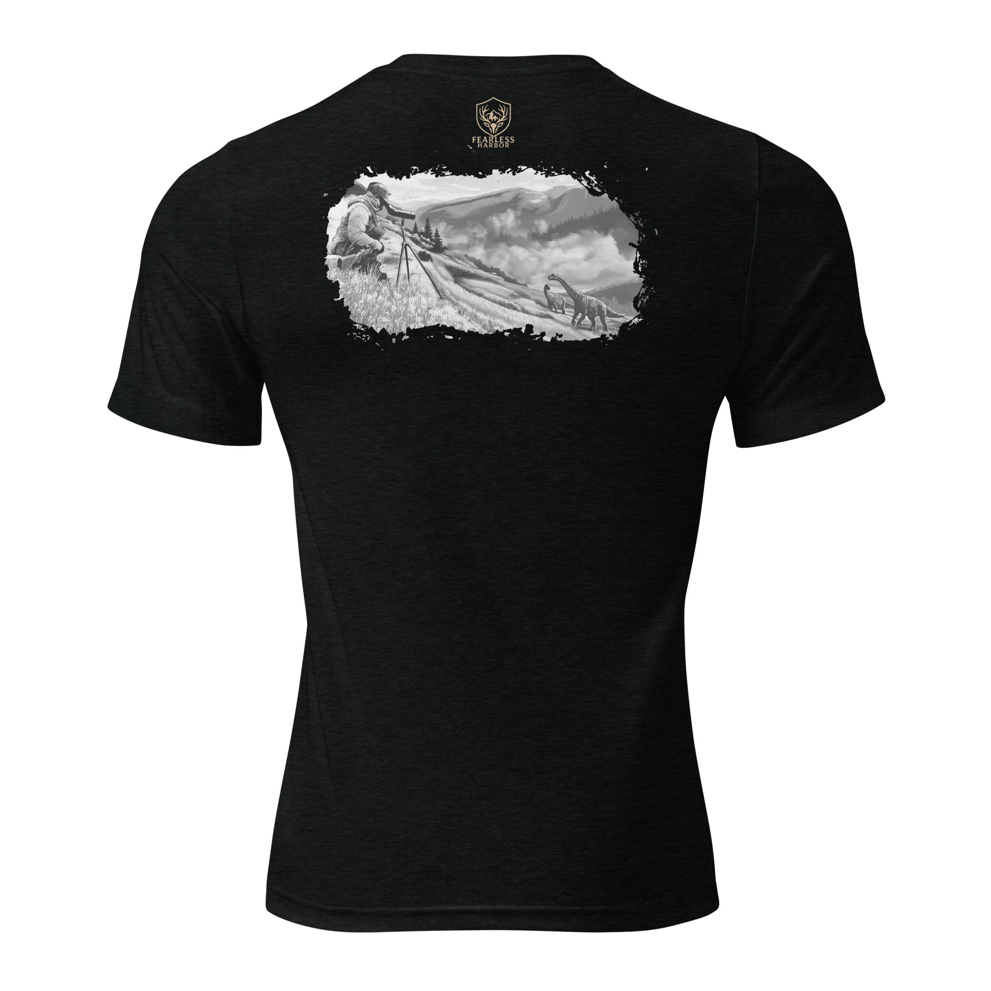 Back of Hunting T-Shirt for Big Game Hunters in Black with image of a Hunter Glassing Dinosaurs.