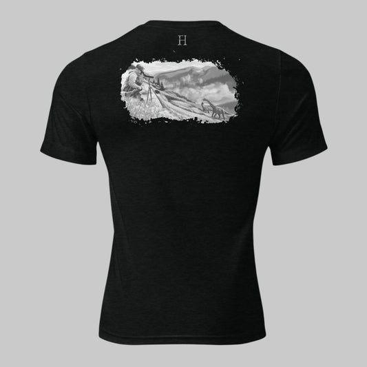 Back Hunting T-Shirt for Big Game Hunters in Black with image of a Hunter Glassing Dinosaurs.