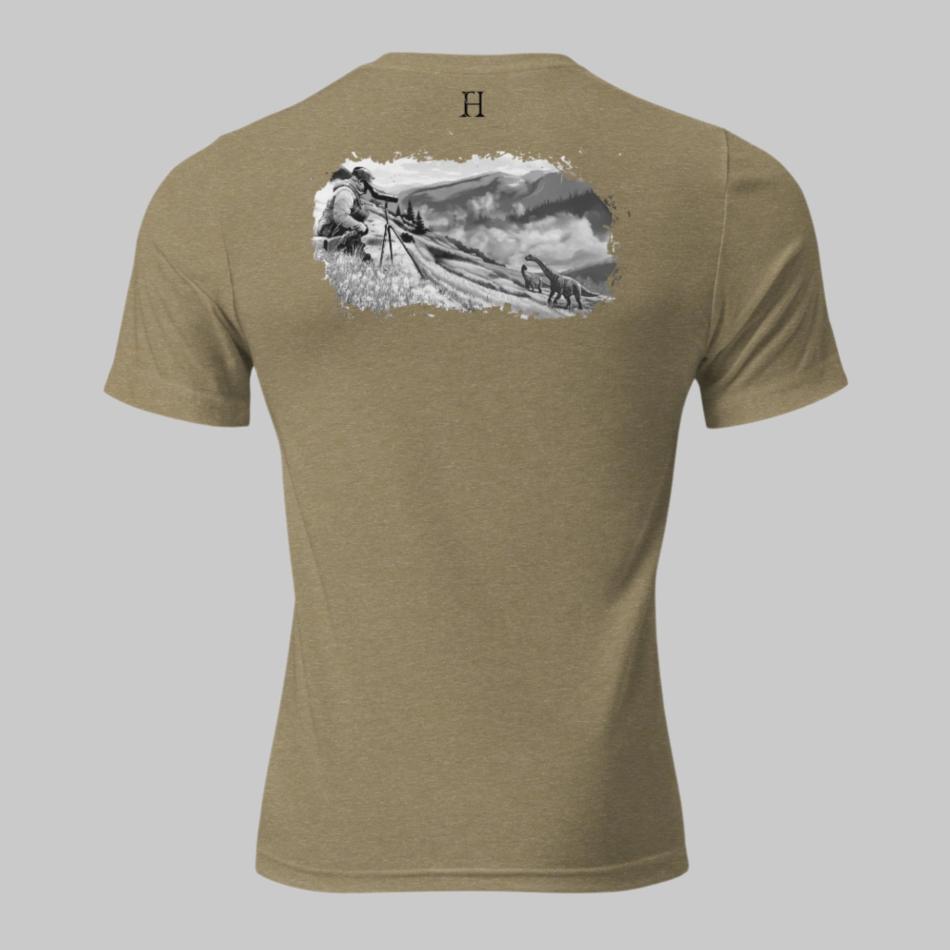 Back Hunting T-Shirt for Big Game Hunters in Black with image of a Hunter Glassing Dinosaurs.