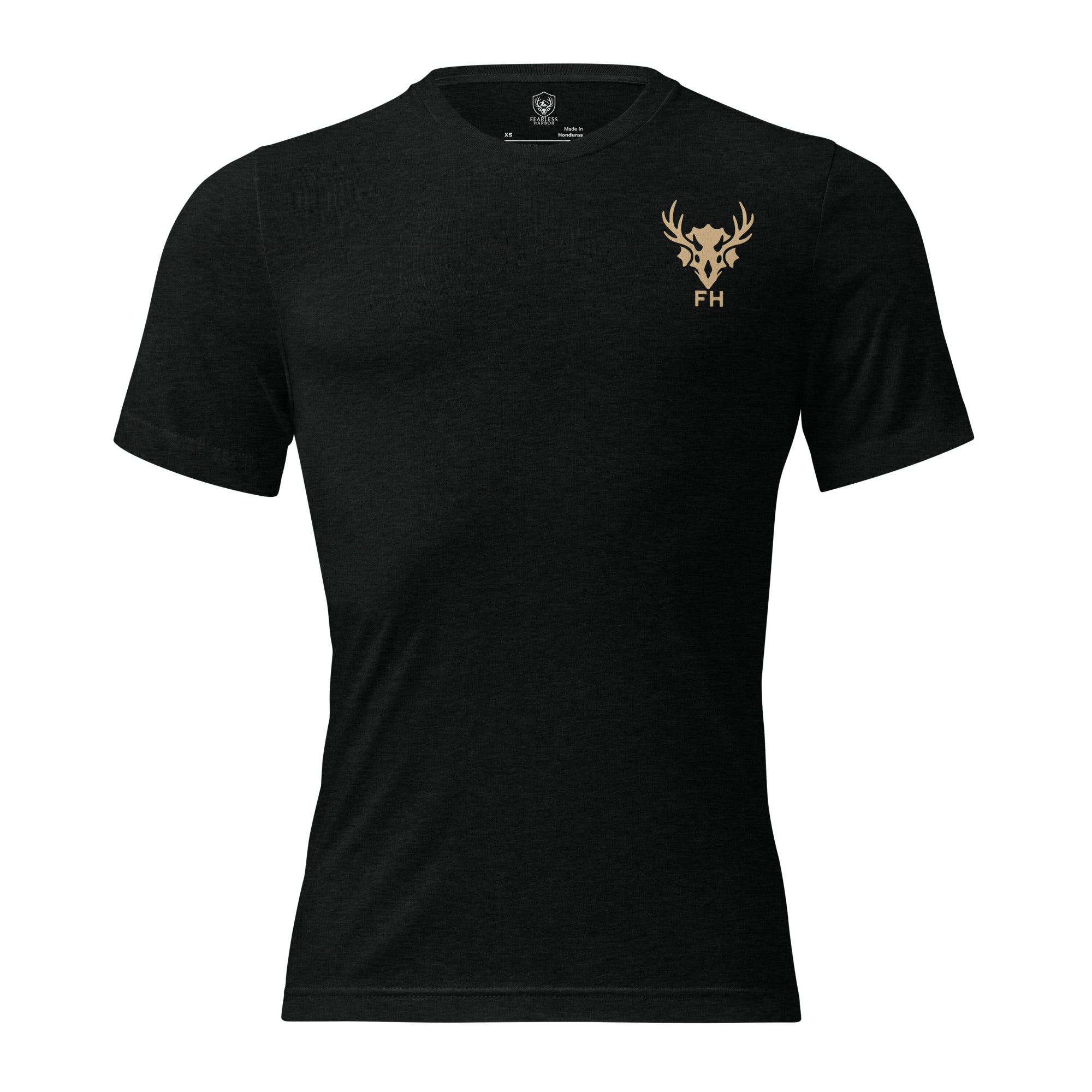 Front of Glassing Dinosaurs Hunting T-Shirt in Black with antlered triceratops dinosaur logo and the text FH.