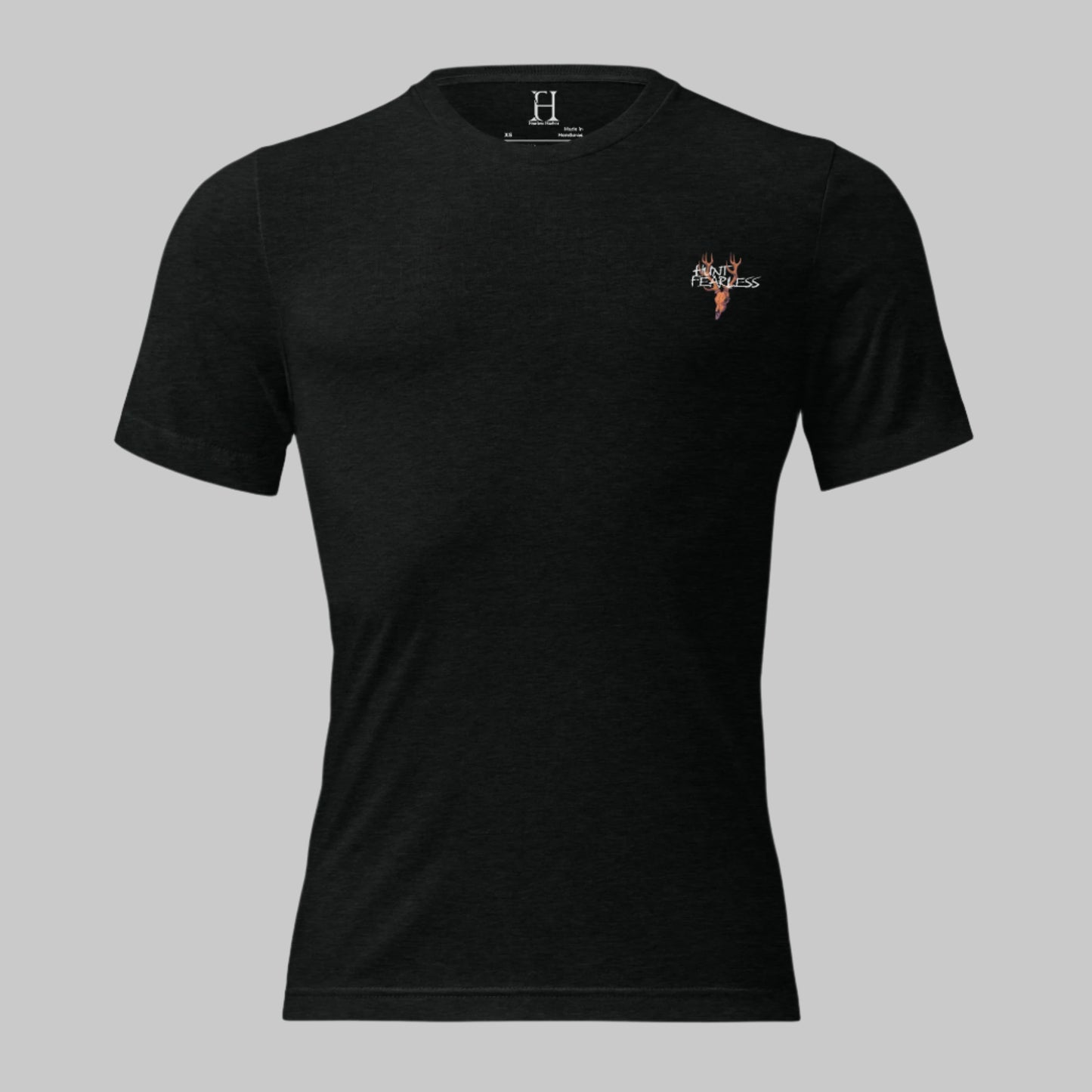 Front of Glassing Dinosaurs Hunting T-Shirt in Black with deer logo and the words Hunt Fearless.