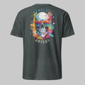 Back of Harbor Chill Tee T-Shirt in Dark Heather with a skull wearing sunglasses design, and the words Fearless Harbor. 
