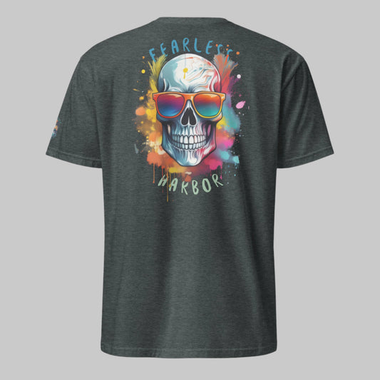 Back of Harbor Chill Tee T-Shirt in Dark Heather with a skull wearing sunglasses design, and the words Fearless Harbor. 