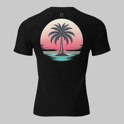 Back of Casual Graphic T-Shirt in Black with image of a Palm Tree at the beach during sunset.