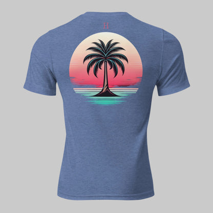 Back of Casual Graphic T-Shirt in Aqua with image of a Palm Tree at the beach during sunset.