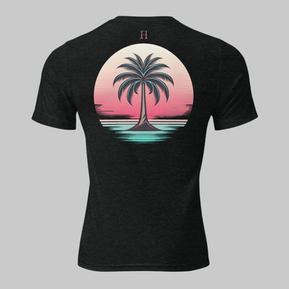 Back of Casual Graphic T-Shirt in Charcoal with image of a Palm Tree at the beach during sunset.