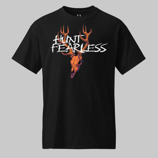 Front of T-Shirt in Black with a Buck Deer Skull design, and the words Hunt Fearless in White.