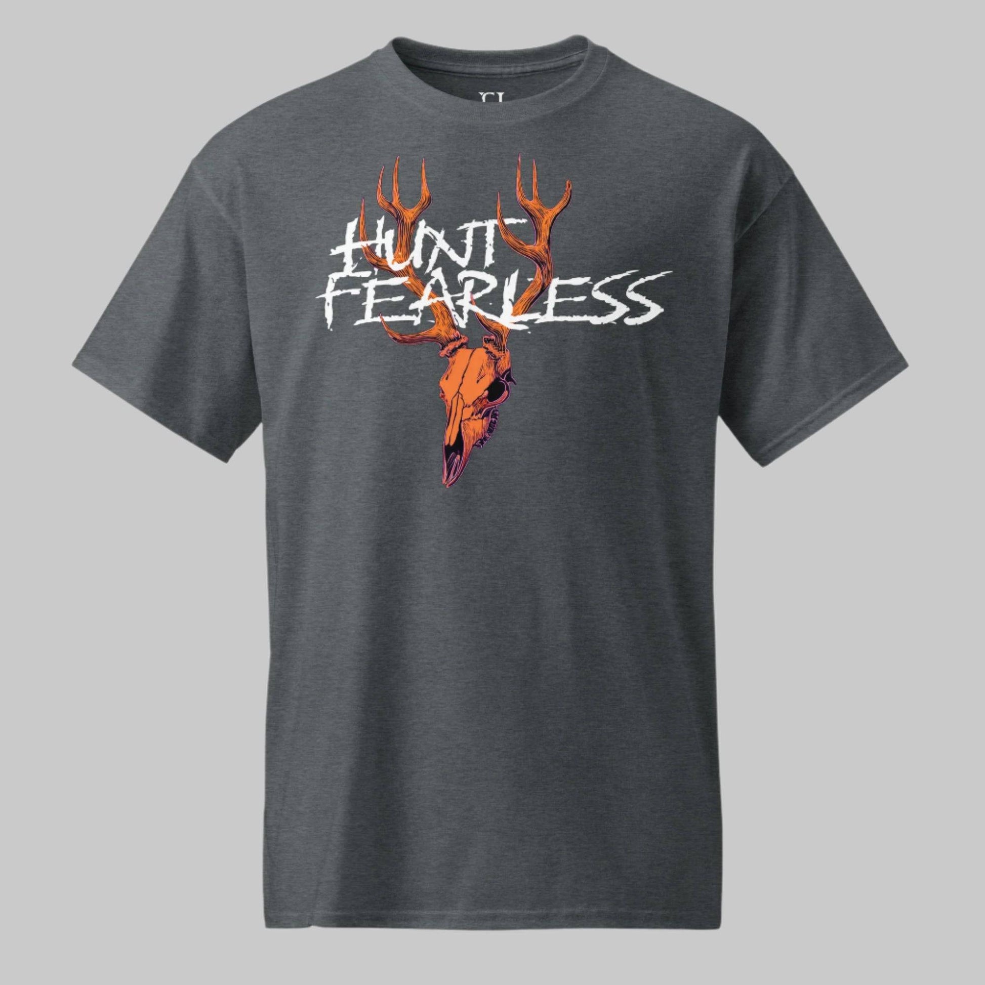 Front of T-Shirt in Grey with a Buck Deer Skull design, and the words Hunt Fearless in White.