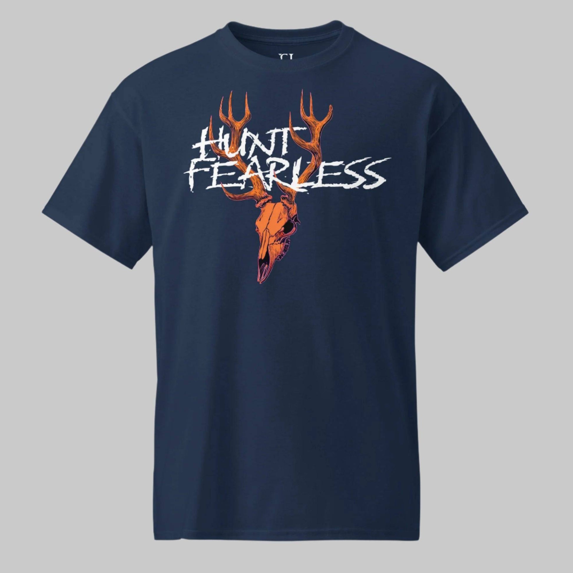 Front of T-Shirt in Navy with a Buck Deer Skull design, and the words Hunt Fearless in White.