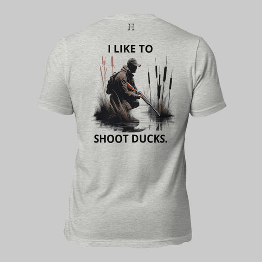 Back of I Like Ducks T-Shirt in Grey, Duck hunter in the marsh design, with FH logo near collar.