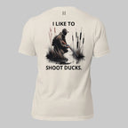Back of I Like Ducks T-Shirt in Dust, Duck hunter in the marsh design, with FH logo near collar.
