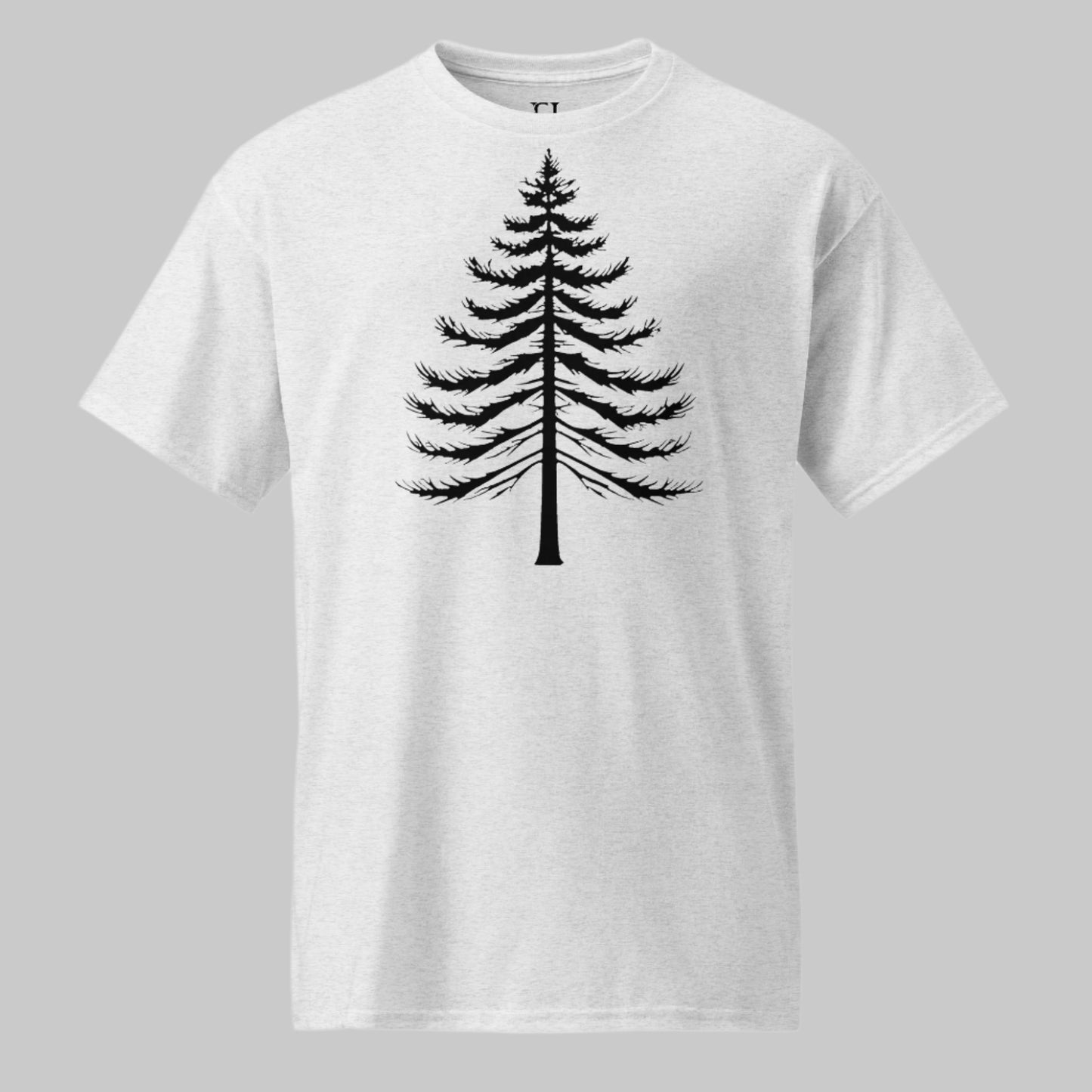 Front of Lone Pine T-Shirt in Ash with a Pine Tree Silhouette design.