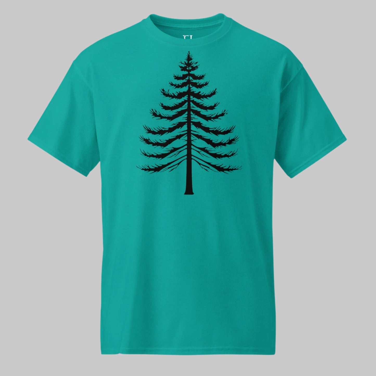 Front of Lone Pine T-Shirt in Jade Dome with a Pine Tree Silhouette design.