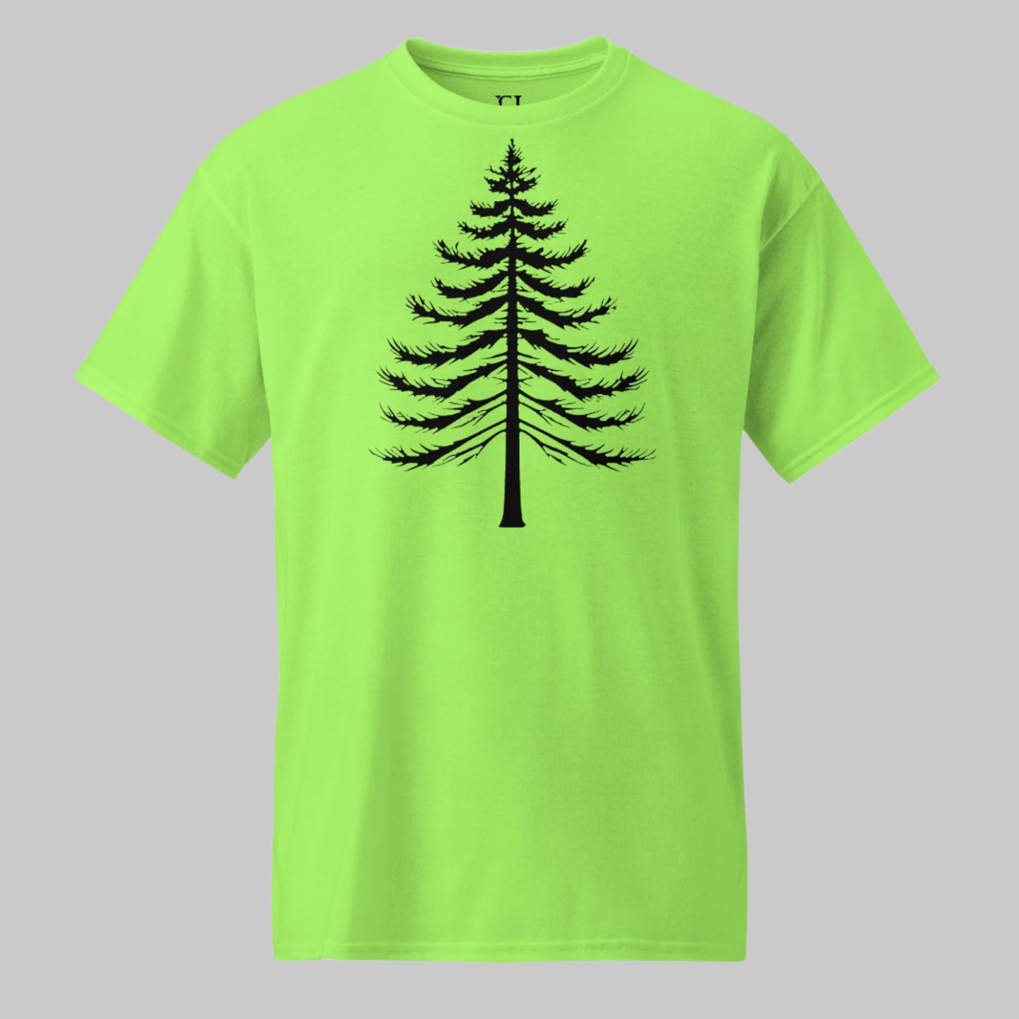 Front of Lone Pine T-Shirt in Lime with a Pine Tree Silhouette design.